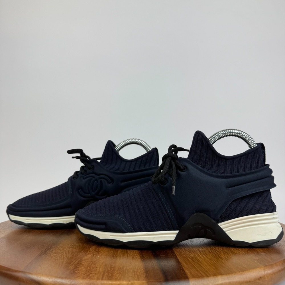 Womens Chanel Interlocking CC Logo Navy Blue Sock Sneakers Shoes Size 36 US 6 - Picture 2 of 8